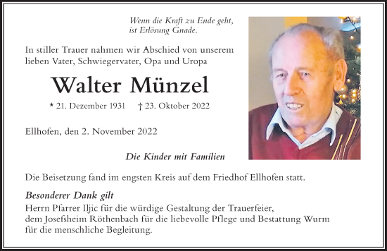 Traueranzeige von Walter Münzel von Der Westallgäuer