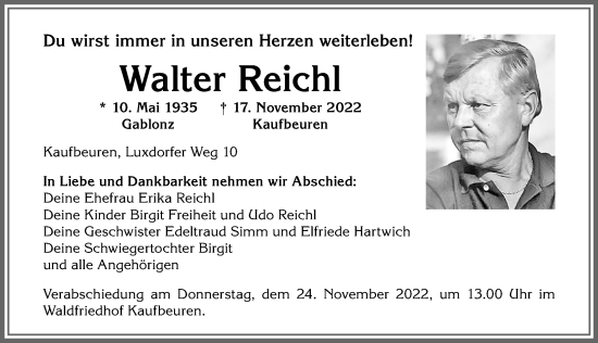 Traueranzeige von Walter Reichl von Allgäuer Zeitung, Kaufbeuren/Buchloe