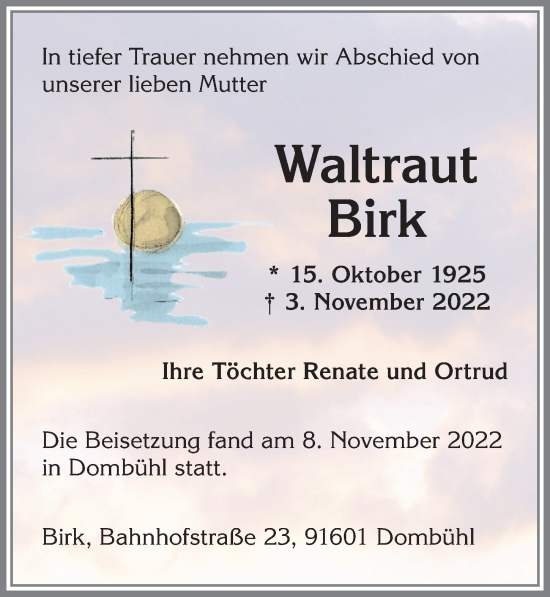 Traueranzeige von Waltraut Birk von Memminger Zeitung
