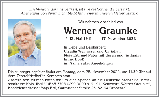 Traueranzeige von Werner Graunke von Allgäuer Zeitung,Kempten