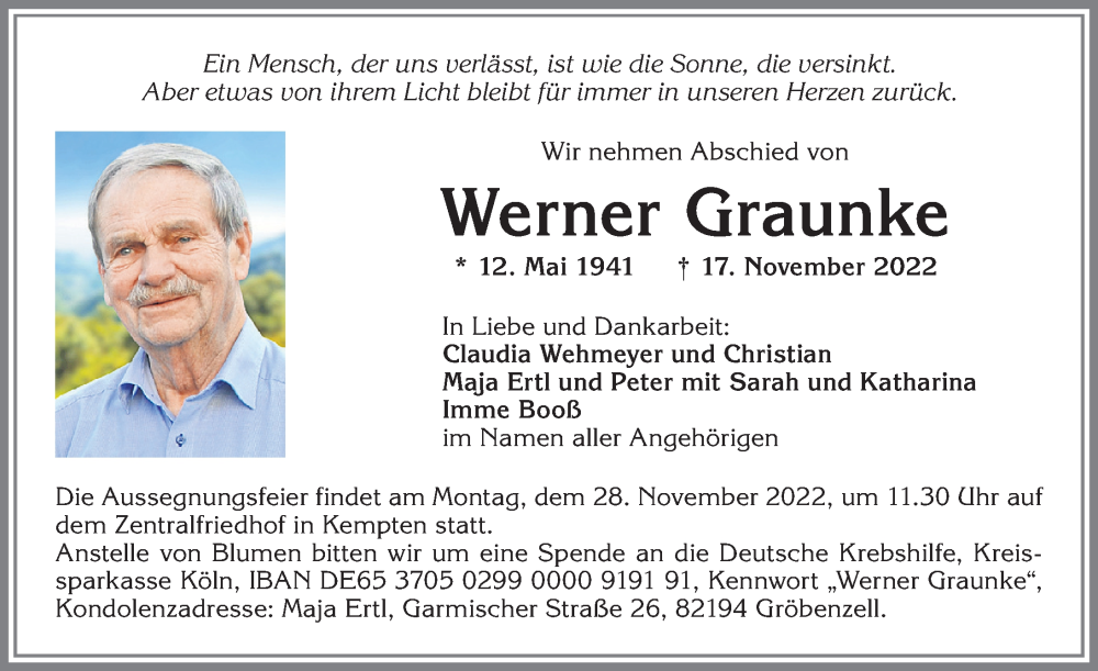  Traueranzeige für Werner Graunke vom 23.11.2022 aus Allgäuer Zeitung,Kempten