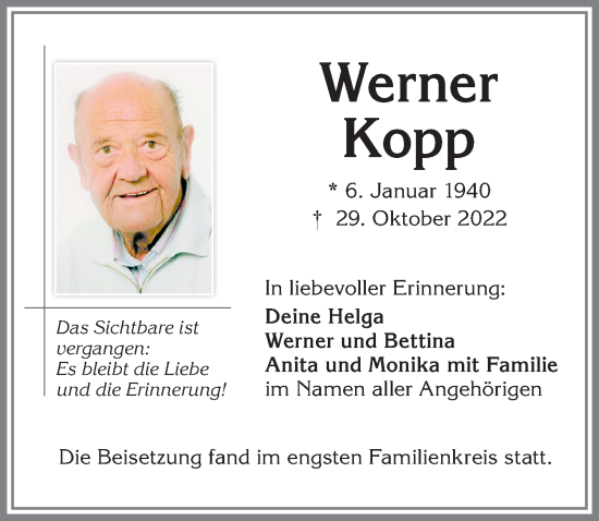 Traueranzeige von Werner Kopp von Allgäuer Zeitung,Kempten
