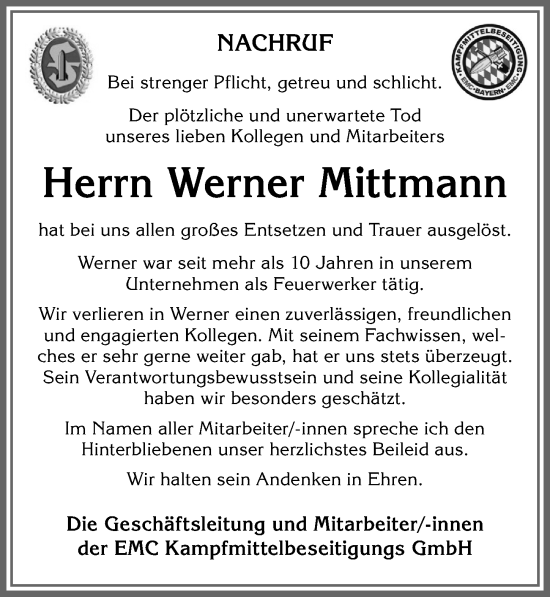 Traueranzeige von Werner Mittmann von Allgäuer Zeitung, Kaufbeuren/Buchloe