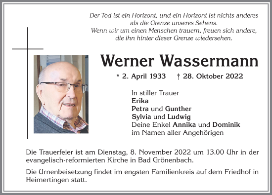 Traueranzeige von Werner Wassermann von Memminger Zeitung