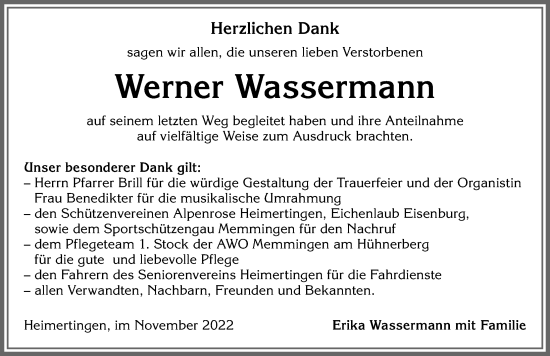 Traueranzeige von Werner Wassermann von Memminger Zeitung