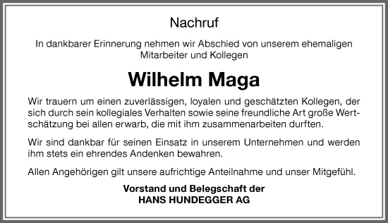 Traueranzeige von Wilhelm Maga von Memminger Zeitung