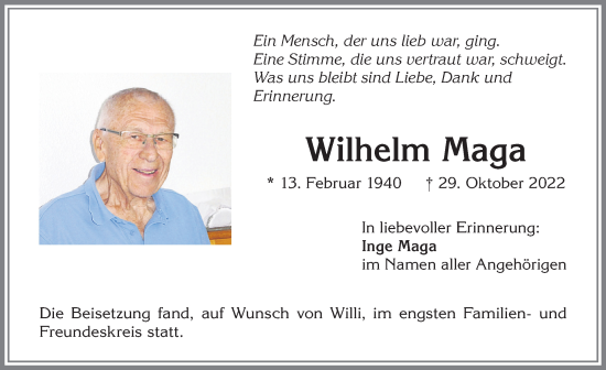 Traueranzeige von Wilhelm Maga von Memminger Zeitung