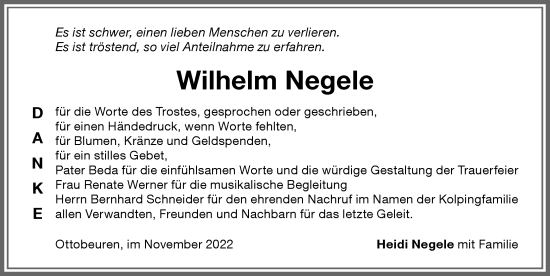 Traueranzeige von Wilhelm Negele von Memminger Zeitung
