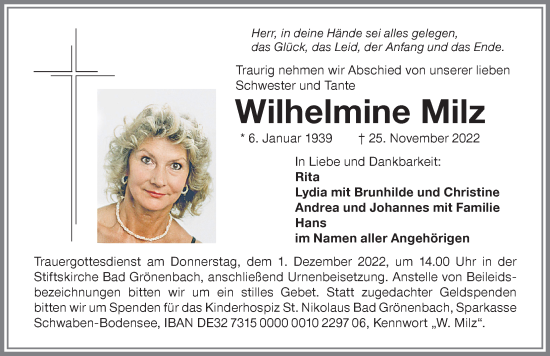 Traueranzeige von Wilhelmine Milz von Memminger Zeitung