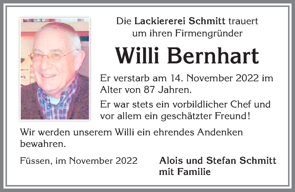  Traueranzeige für Willi Bernhart vom 26.11.2022 aus Allgäuer Zeitung, Füssen
