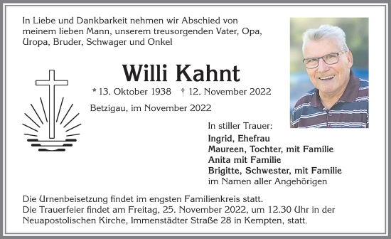 Traueranzeige von Willi Kahnt von Allgäuer Zeitung,Kempten