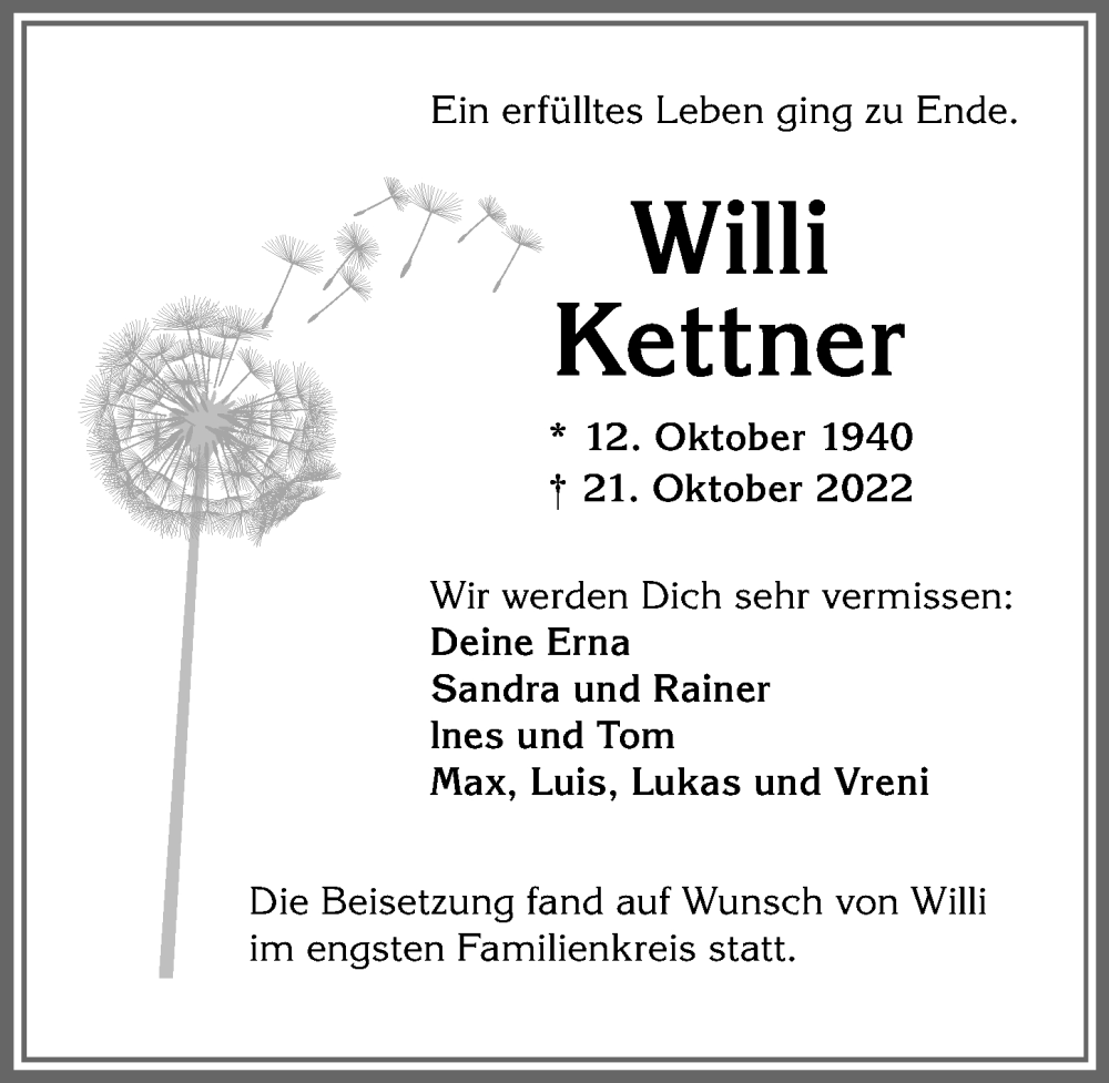  Traueranzeige für Willi Kettner vom 12.11.2022 aus Allgäuer Zeitung,Kempten