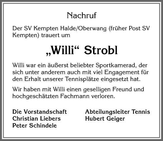 Traueranzeige von Willi Strobl von Allgäuer Zeitung,Kempten