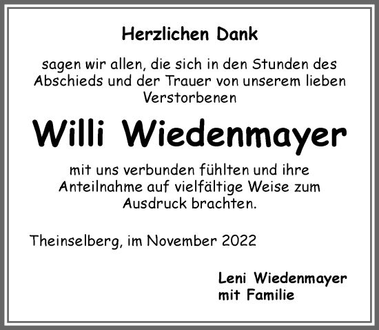 Traueranzeige von Willi Wiedenmayer von Memminger Zeitung