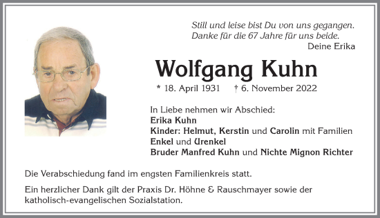 Traueranzeige von Wolfgang Kuhn von Allgäuer Zeitung, Kaufbeuren/Buchloe