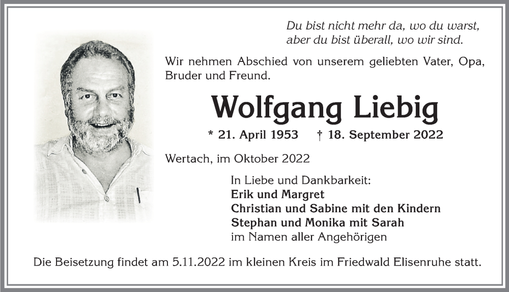  Traueranzeige für Wolfgang Liebig vom 03.11.2022 aus Allgäuer Zeitung, Füssen