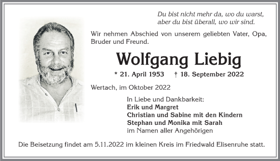 Traueranzeige von Wolfgang Liebig von Allgäuer Zeitung, Füssen