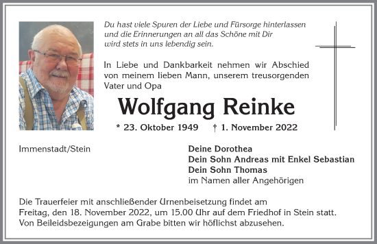 Traueranzeige von Wolfgang Reinke von Allgäuer Anzeigeblatt