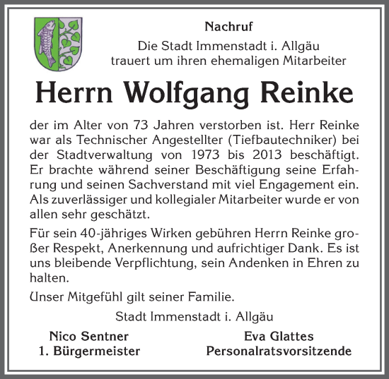 Traueranzeige von Wolfgang Reinke von Allgäuer Anzeigeblatt
