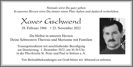 Traueranzeige von Xaver Gschwend von Allgäuer Zeitung, Marktoberdorf