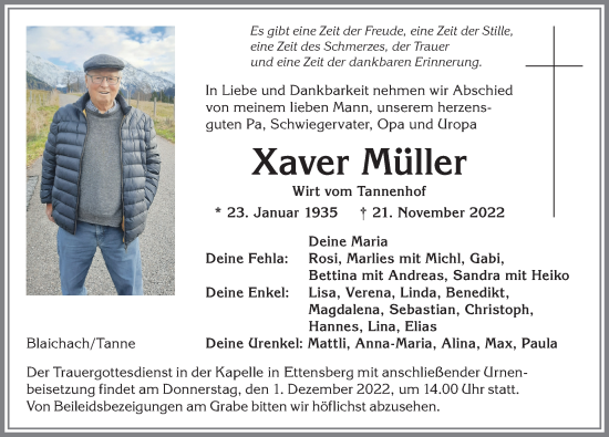 Traueranzeige von Xaver Müller von Allgäuer Anzeigeblatt