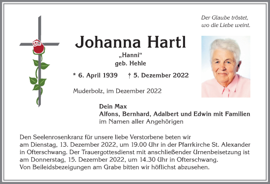 Traueranzeige von Johanna Hartl 