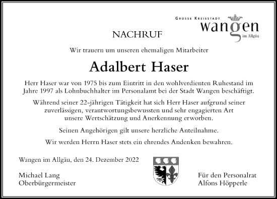 Traueranzeige von Adalbert Haser von Der Westallgäuer