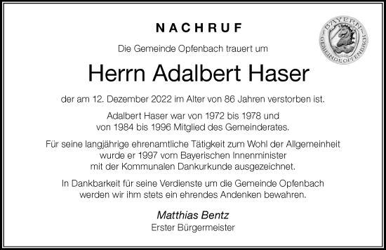 Traueranzeige von Adalbert Haser von Der Westallgäuer
