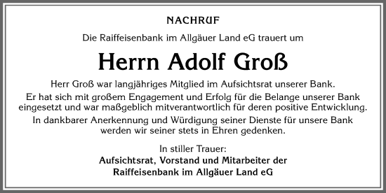 Traueranzeige von Adolf Groß von Allgäuer Zeitung,Kempten