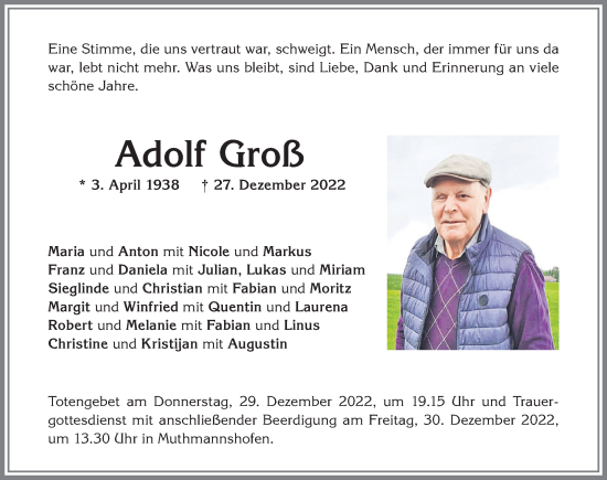 Traueranzeige von Adolf Groß von Allgäuer Zeitung,Kempten