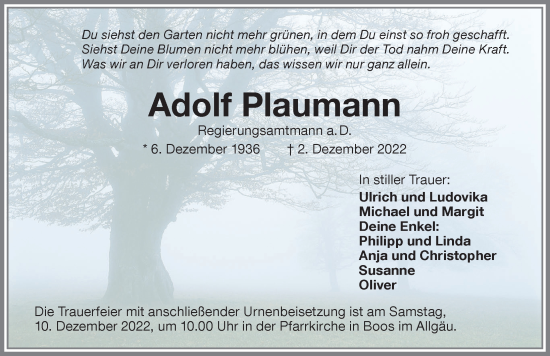 Traueranzeige von Adolf Plaumann von Augsburger Allgemeine, Günzburger Zeitung