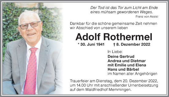 Traueranzeige von Adolf Rothermel von Memminger Zeitung