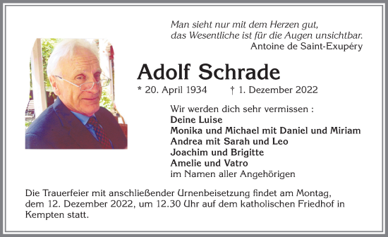 Traueranzeige von Adolf Schrade von Allgäuer Zeitung,Kempten