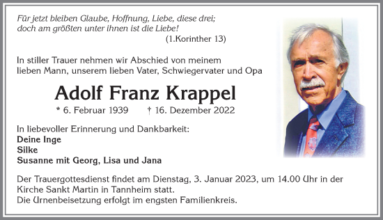 Traueranzeige von Adolf Franz Krappel von Memminger Zeitung
