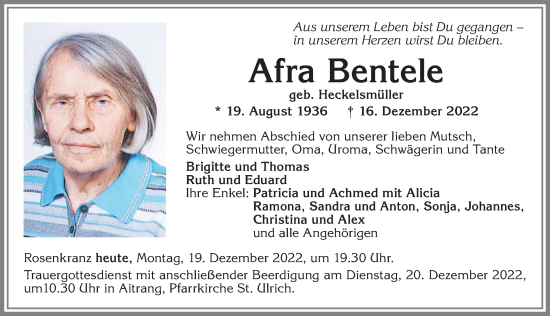 Traueranzeige von Afra Bentele von Allgäuer Zeitung, Marktoberdorf