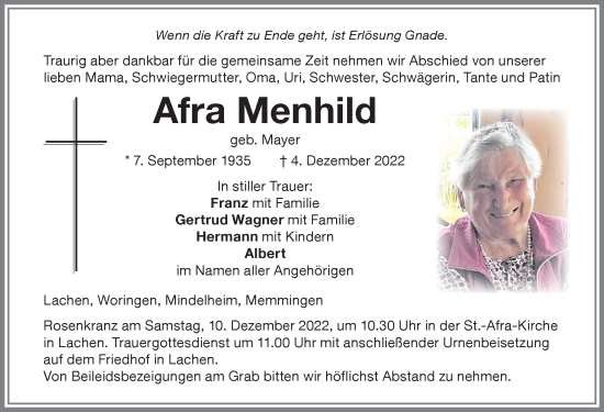 Traueranzeige von Afra Menhild von Memminger Zeitung