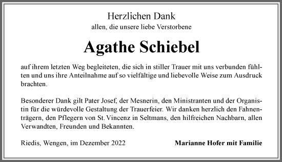 Traueranzeige von Agathe Schiebel von Allgäuer Zeitung,Kempten