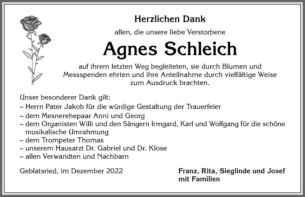  Traueranzeige für Agnes Schleich vom 17.12.2022 aus Allgäuer Zeitung, Marktoberdorf