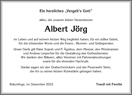 Traueranzeige von Albert Jörg von Allgäuer Anzeigeblatt