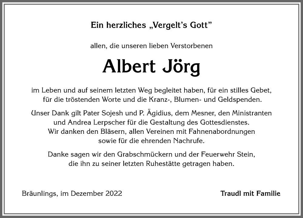  Traueranzeige für Albert Jörg vom 14.12.2022 aus Allgäuer Anzeigeblatt