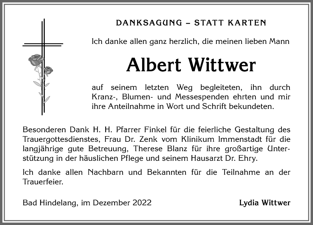  Traueranzeige für Albert Wittwer vom 03.12.2022 aus Allgäuer Anzeigeblatt