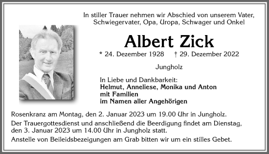 Traueranzeige von Albert Zick von Allgäuer Anzeigeblatt