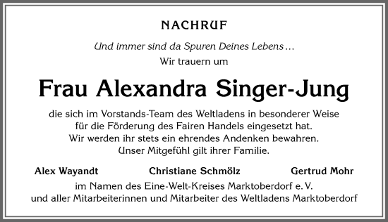 Traueranzeige von Alexandra Singer-Jung von Allgäuer Zeitung, Marktoberdorf