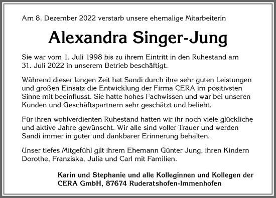 Traueranzeige von Alexandra Singer-Jung von Allgäuer Zeitung, Kaufbeuren/Buchloe