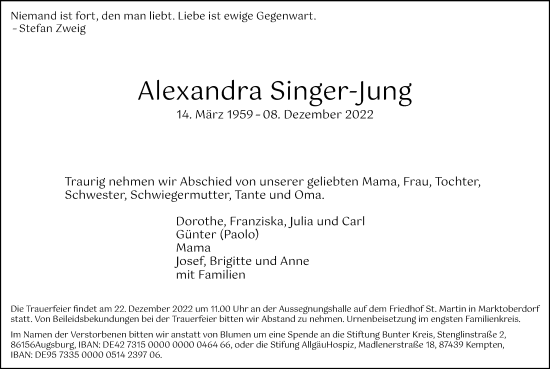 Traueranzeige von Alexandra Singer-Jung von Allgäuer Zeitung, Marktoberdorf