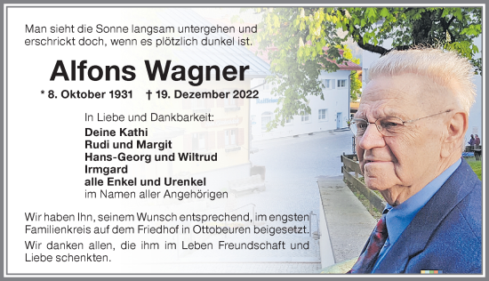Traueranzeige von Alfons Wagner von Memminger Zeitung