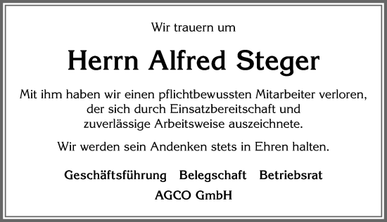 Traueranzeige von Alfred Steger von Allgäuer Zeitung, Marktoberdorf