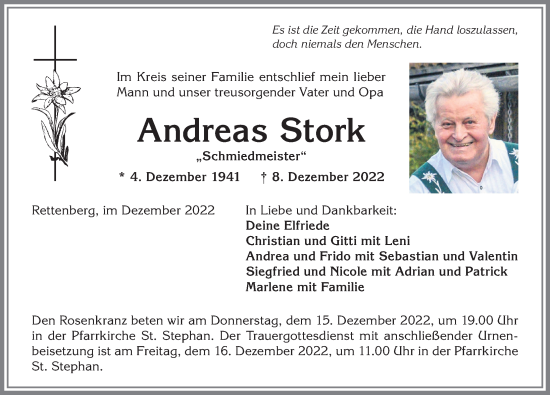 Traueranzeige von Andreas Stork von Allgäuer Zeitung,Kempten