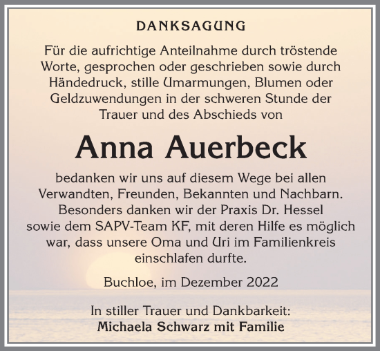 Traueranzeige von Anna Auerheck von Allgäuer Zeitung, Kaufbeuren/Buchloe