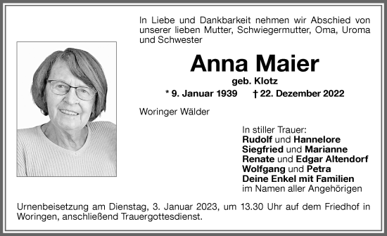 Traueranzeige von Anna Maier von Memminger Zeitung